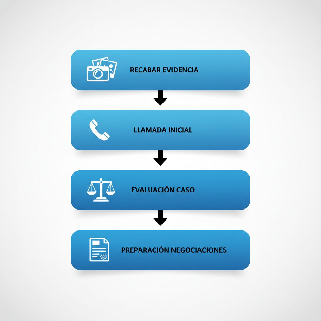 Diagrama de flujo vertical de cuatro etapas para los pasos iniciales al contactar abogados de accidentes en Culver City, con íconos representativos y flechas conectadas.