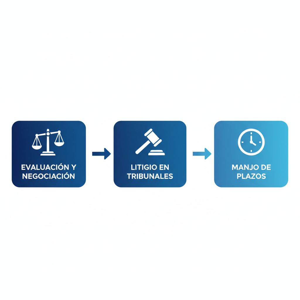 Diagrama de flujo horizontal de tres etapas para representación legal en accidentes automovilísticos, con iconos de balanza, martillo y reloj.