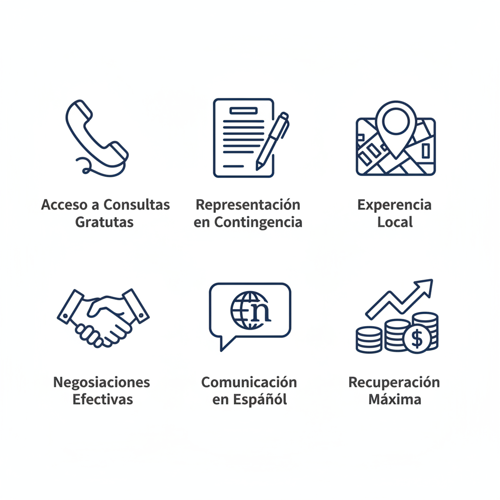 Conjunto de iconos ilustrando beneficios de abogados de accidentes en Culver City, incluyendo consultas gratuitas, representación en contingencia y más.