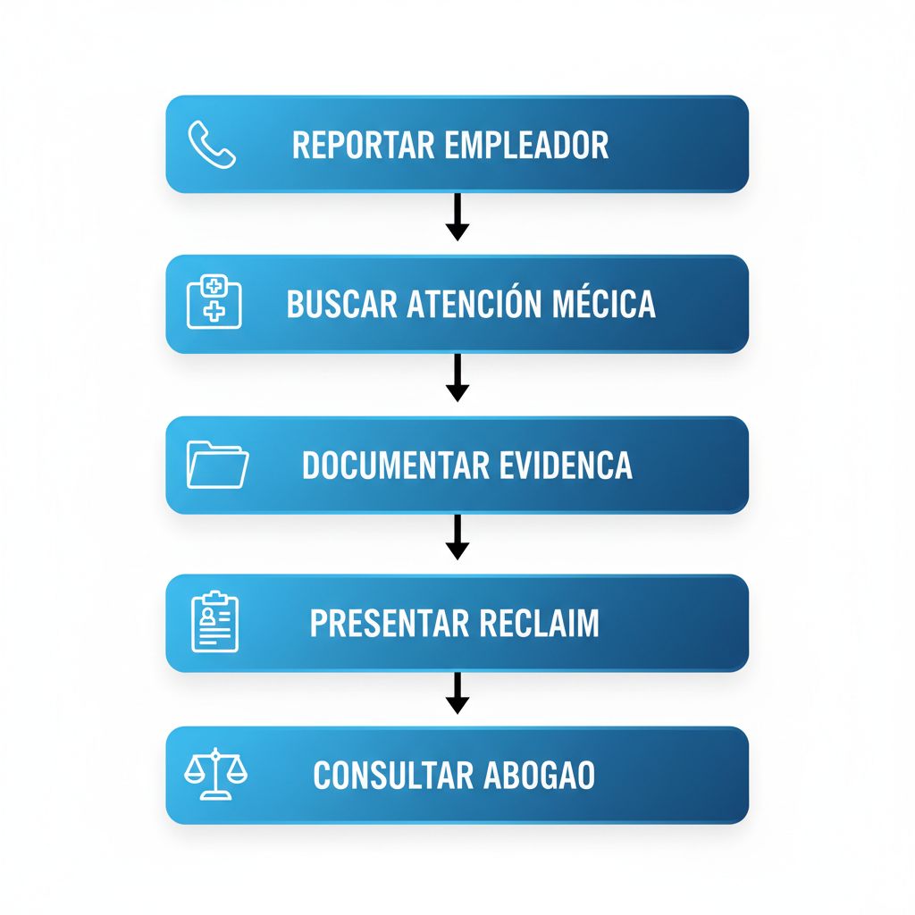 Diagrama de flujo vertical ilustrando las cinco etapas clave para reclamos por accidentes laborales en Culver City